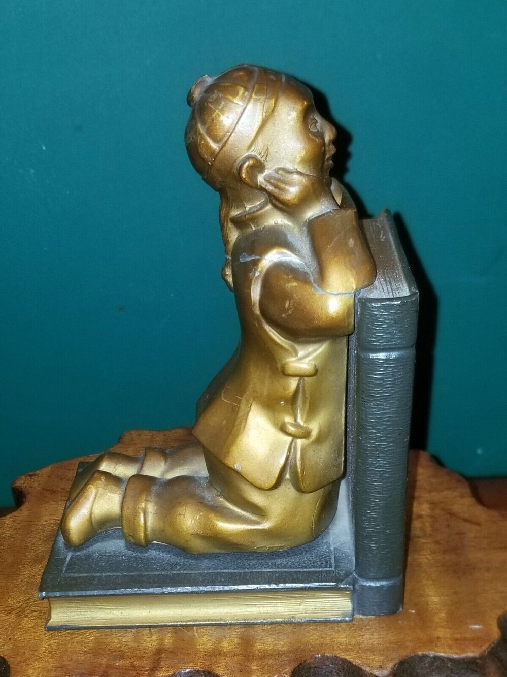 Antique 1930s Chinese Boy Bronze Single Bookend 5.25"x3.75"x2.75"